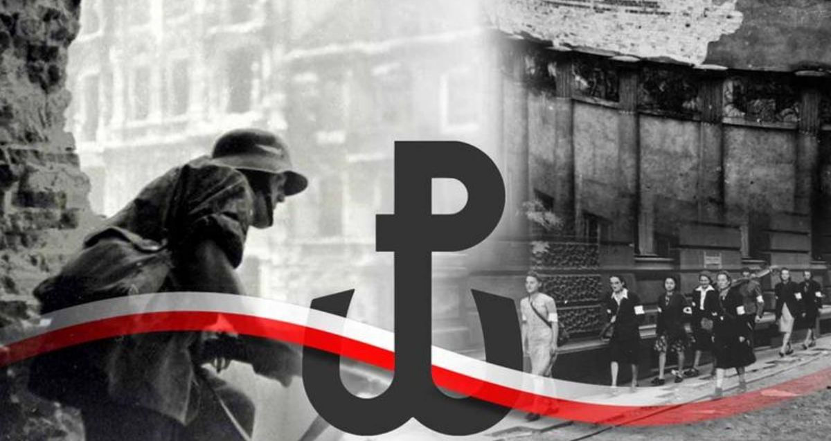 Grafika dwa zdjęcia z Powstania Warszawskiego, na nich znak Polski Walczącej z przeplecioną biało-czerwoną wstążką